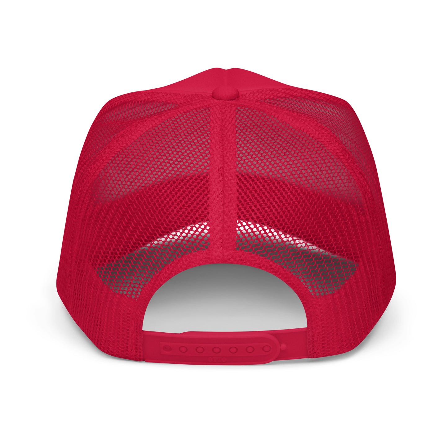 The back of a red foam trucker hat that says "Don't Be A Dick" in white letters